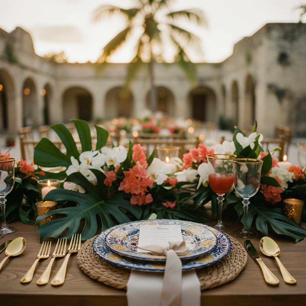 Detalle de una mesa de recepción de boda en Mérida, con platos de cerámica local, cubertería dorada y arreglos florales tropicales.