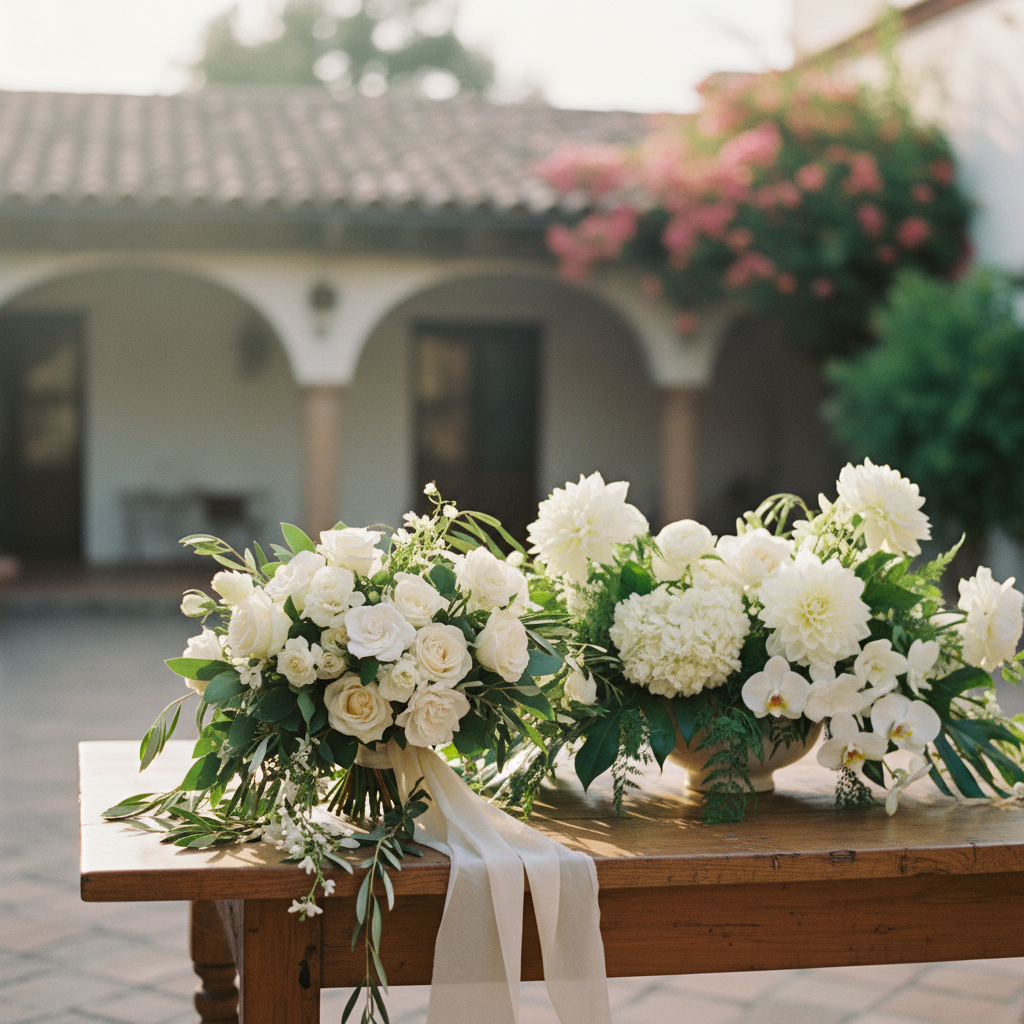 Arreglo floral elegante y moderno en tonos blancos y verdes para boda en México, con follaje exuberante y flores de temporada. El ramo de novia está en primer plano sobre una mesa de madera.