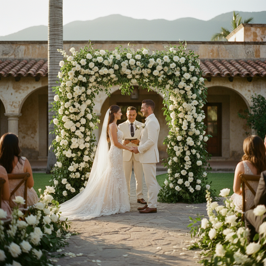 Un espectacular arco de ceremonia cubierto de rosas blancas y eucalipto, enmarcando una pareja de novios en una hacienda mexicana, con iluminación cálida de atardecer.