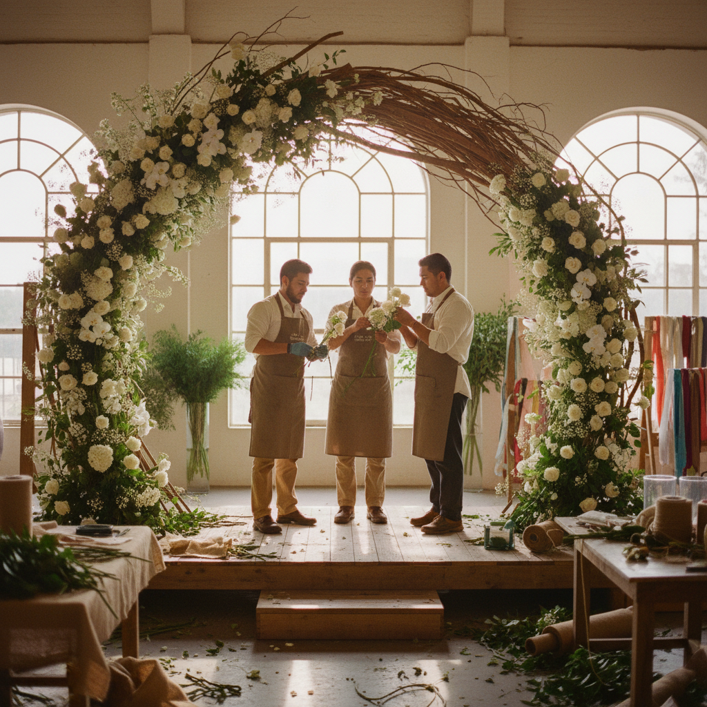 Un equipo de floristas mexicanos trabajando en una instalación floral para una boda, montando cuidadosamente flores blancas en una gran estructura de madera.