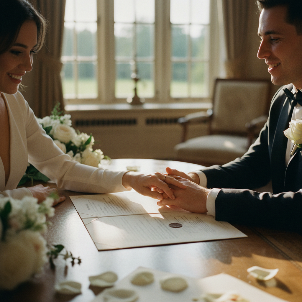Pareja de novios sonriendo mientras revisan documentos importantes para su boda civil, simbolizando la toma de decisiones financieras.