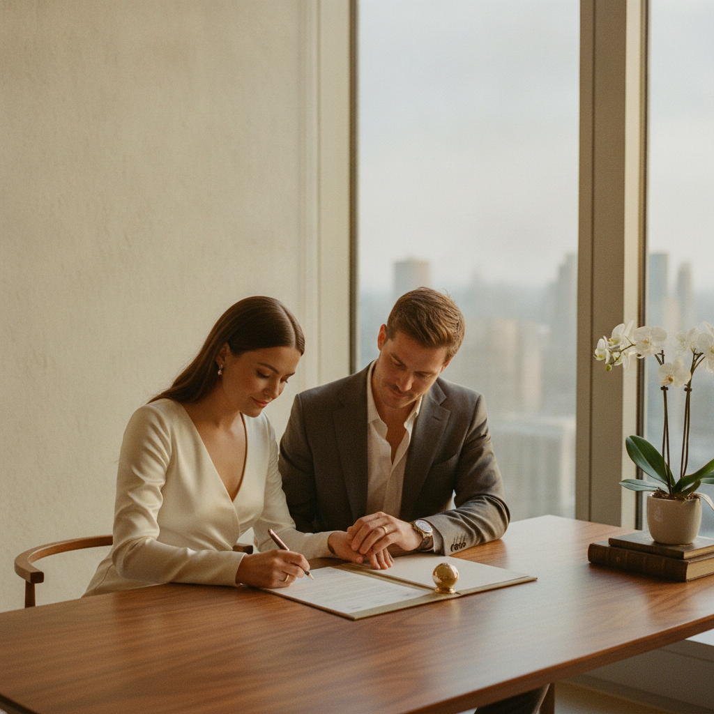 Fotografía de una pareja moderna y elegante firmando un documento con plumas estilográficas en un escritorio de madera de nogal, dentro de una oficina con diseño minimalista y una gran ventana con vistas a la ciudad.