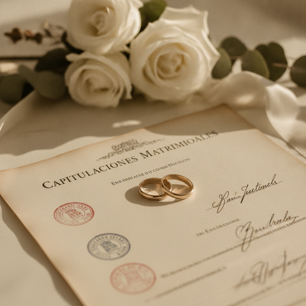 Una imagen en primer plano de un documento legal con sellos y firmas, titulado "Capitulaciones Matrimoniales", con dos anillos de boda de oro sobre él.