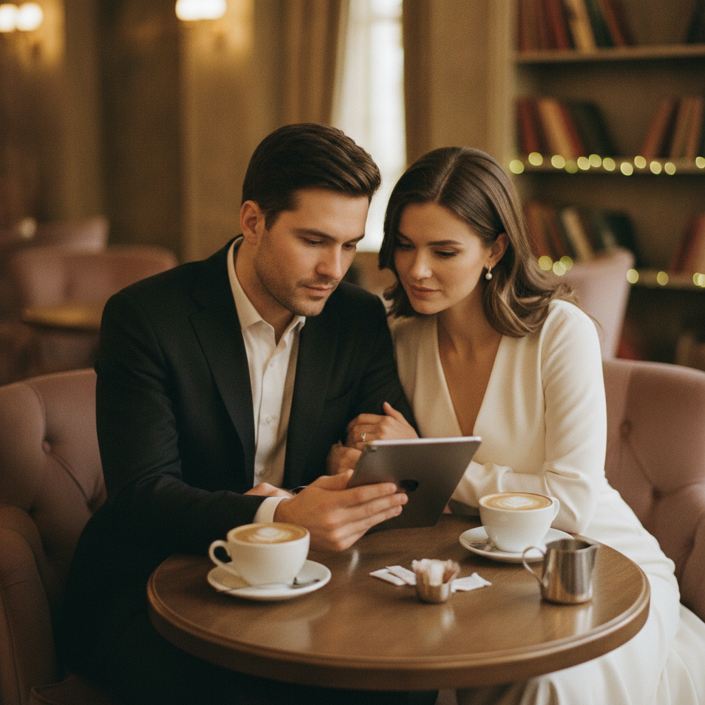 Una pareja sentada en un café acogedor, conversando seriamente pero con afecto mientras revisan unos papeles en una tablet, con tazas de café en la mesa.