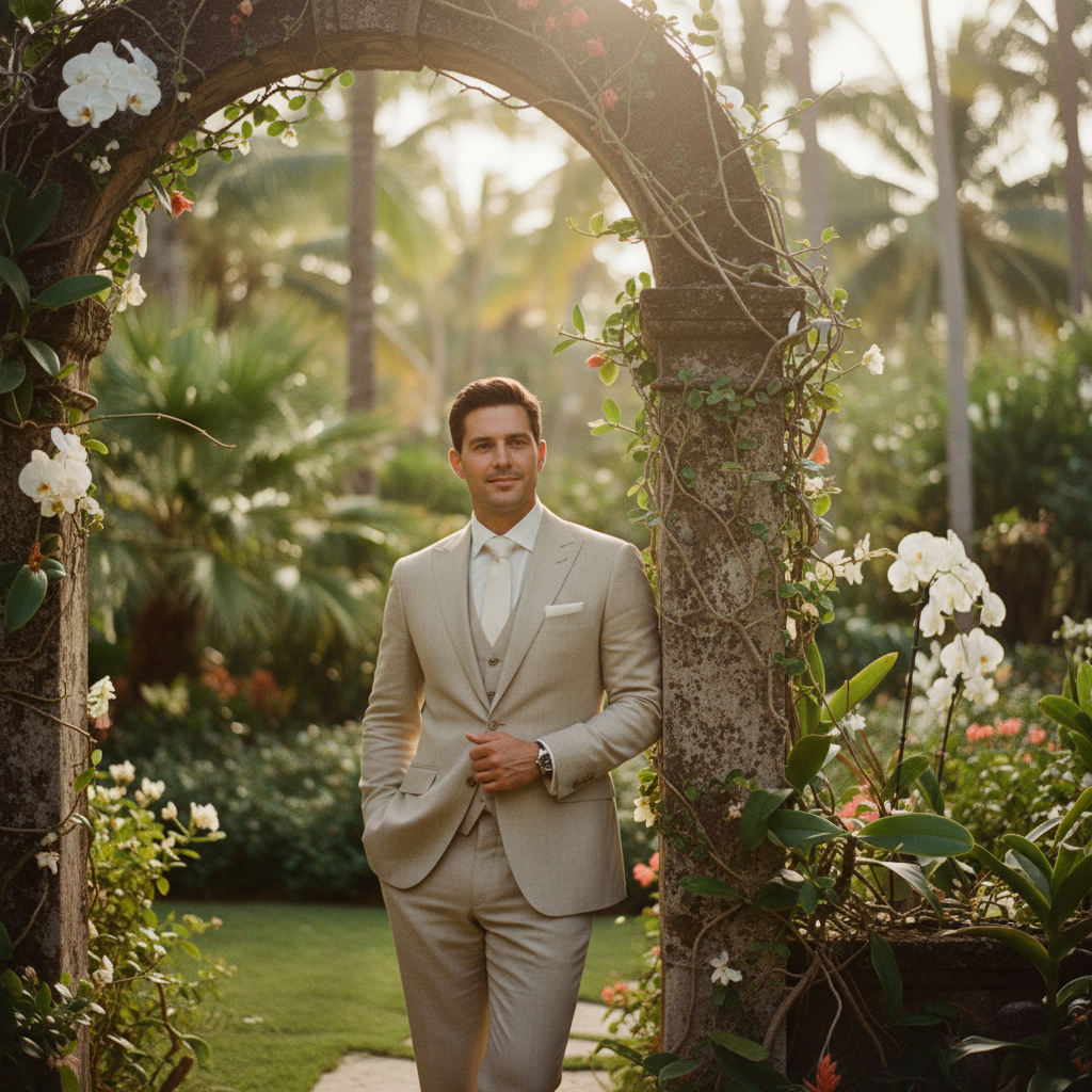 Novio sonriente luciendo un elegante traje de lino beige en una boda de día al aire libre, con vegetación tropical de fondo.