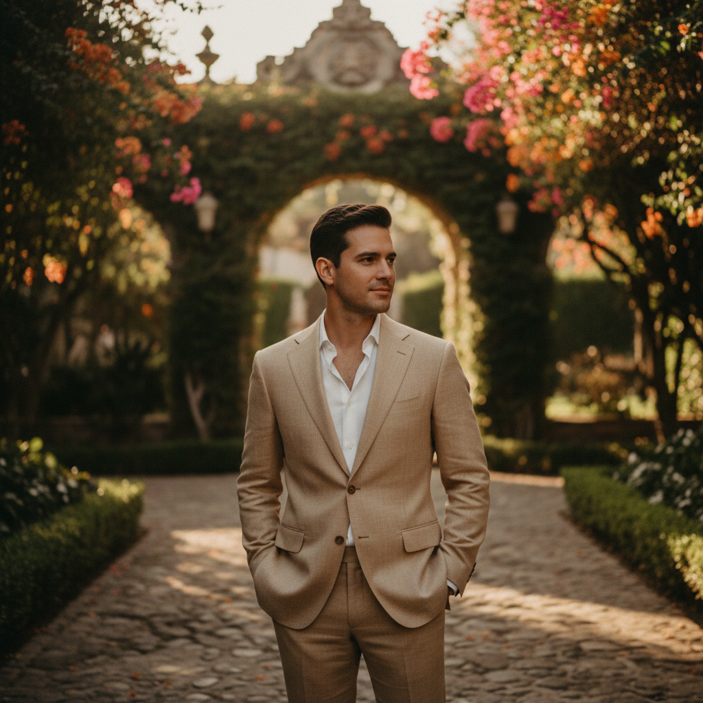 Un novio con un traje de lino color arena bien cortado, de pie en un camino de piedra en un jardín frondoso en Cuernavaca, México.