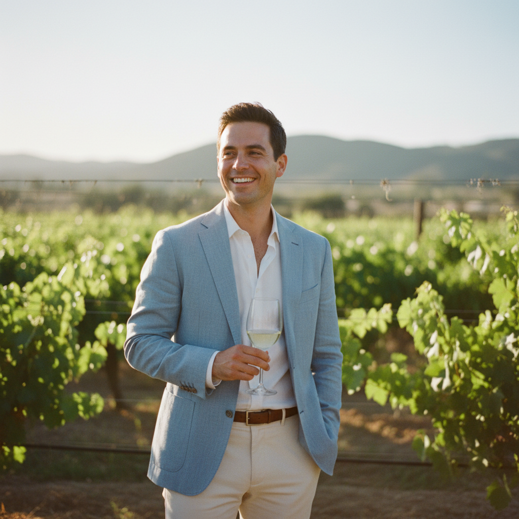 Novio sonriendo, vistiendo un blazer azul claro y pantalones de vestir color hueso, durante el cóctel de su boda en un viñedo de Valle de Guadalupe.
