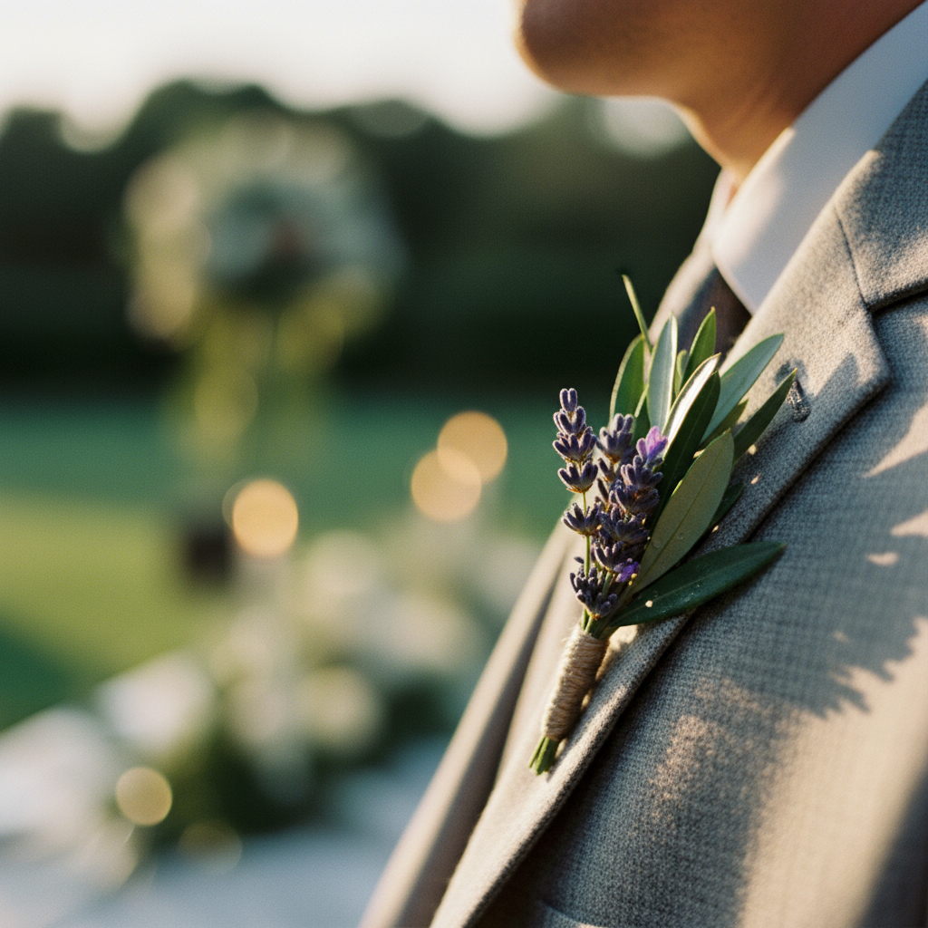 Detalle de un boutonnière de lavanda y olivo en la solapa de un traje de lana fría color gris claro.
