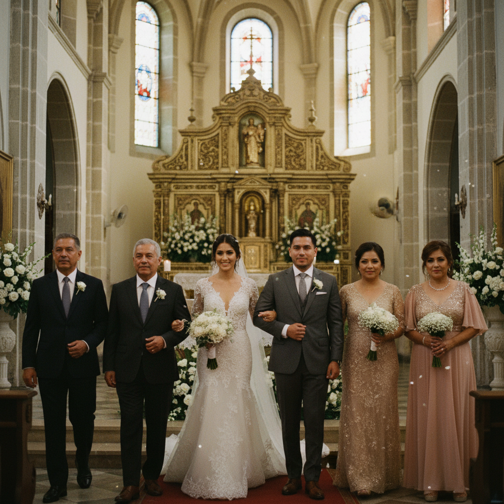 Pareja de novios mexicanos acompañada por sus padrinos de boda en la iglesia, sonriendo y celebrando su unión.