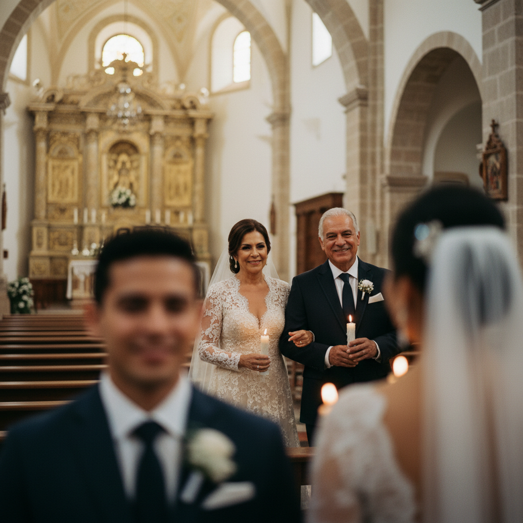 Fotografía de una pareja de padrinos de velación, de unos 50 años, sonriendo con calidez a los novios durante la ceremonia en una iglesia mexicana colonial.