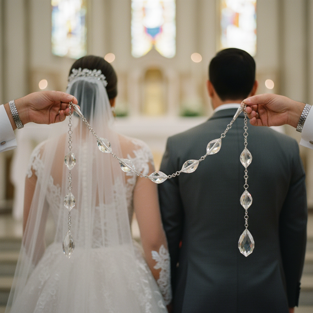 Detalle de un lazo de boda de cristal y plata siendo colocado sobre los hombros de los novios por los padrinos en una iglesia.