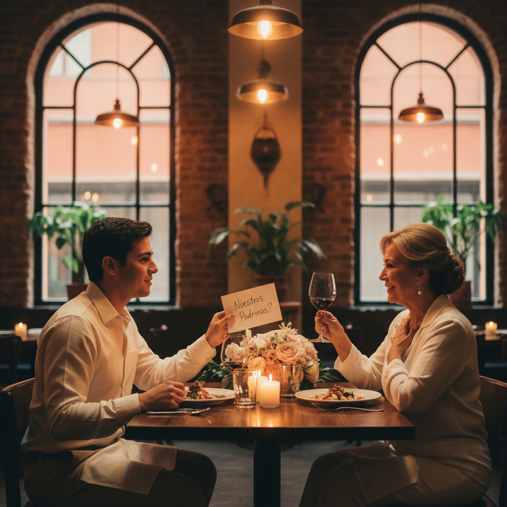 Una pareja joven le pide a un matrimonio amigo que sean sus padrinos de velación durante una cena casual en un restaurante en la colonia Roma, CDMX.