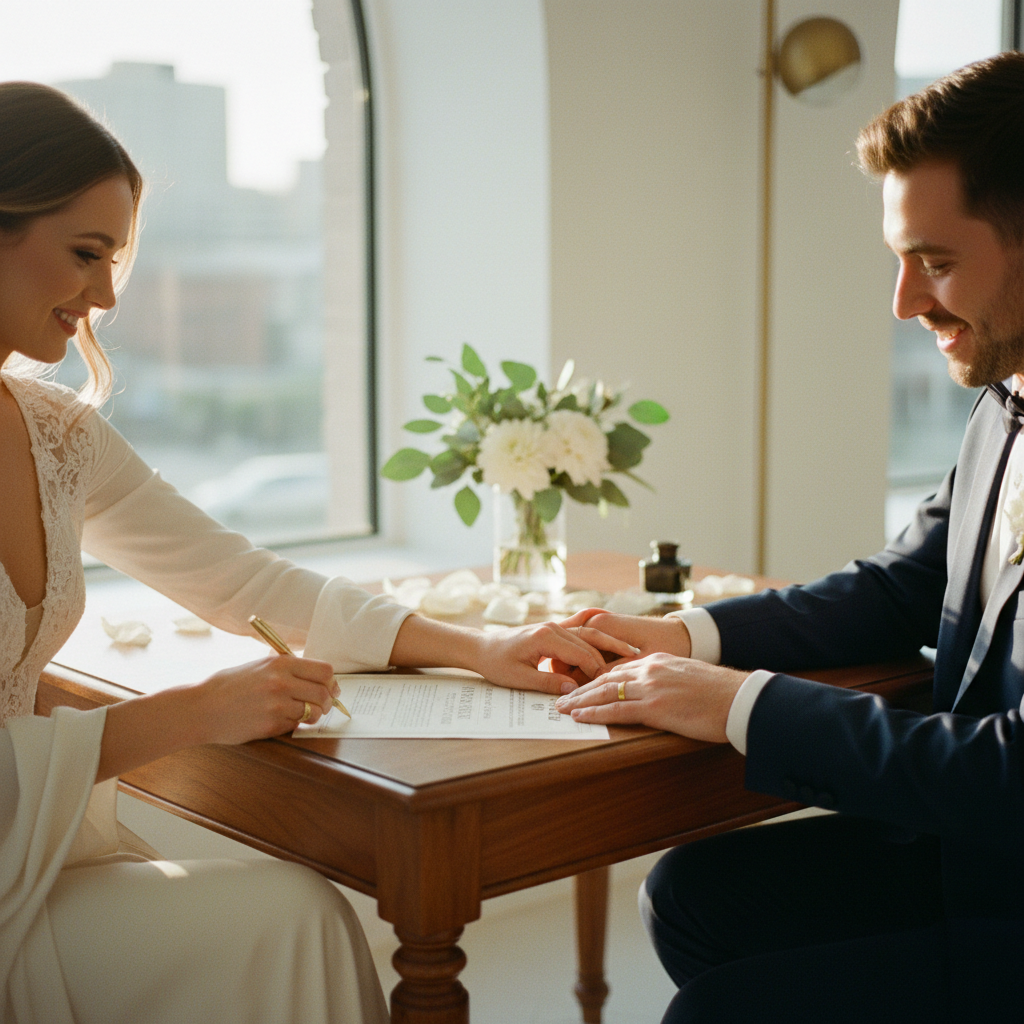 Pareja feliz firmando acta de matrimonio en una boda civil en México.