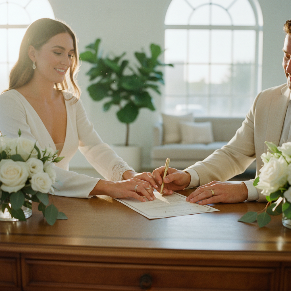 Una pareja firma su acta de matrimonio para mostrar cuánto cuesta una boda civil en méxico