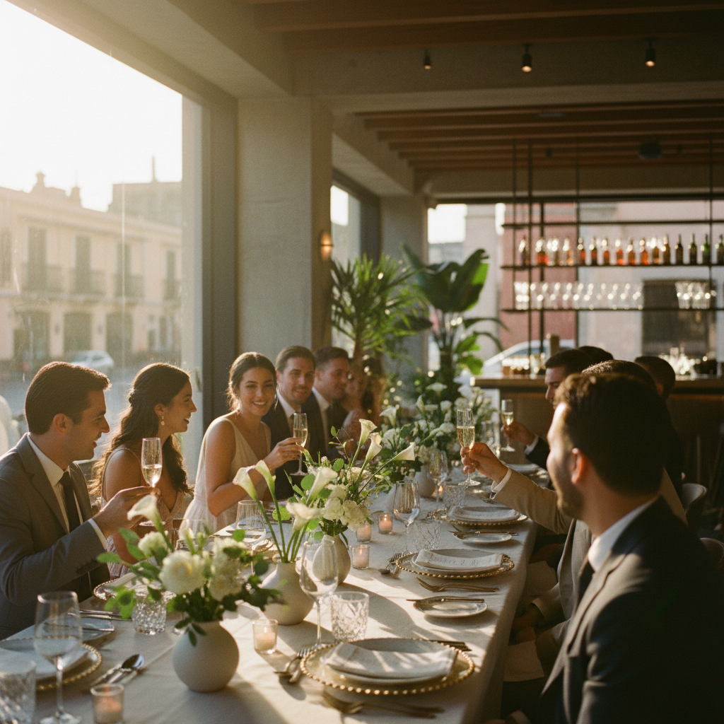 Pequeña y elegante recepción de boda civil en un restaurante