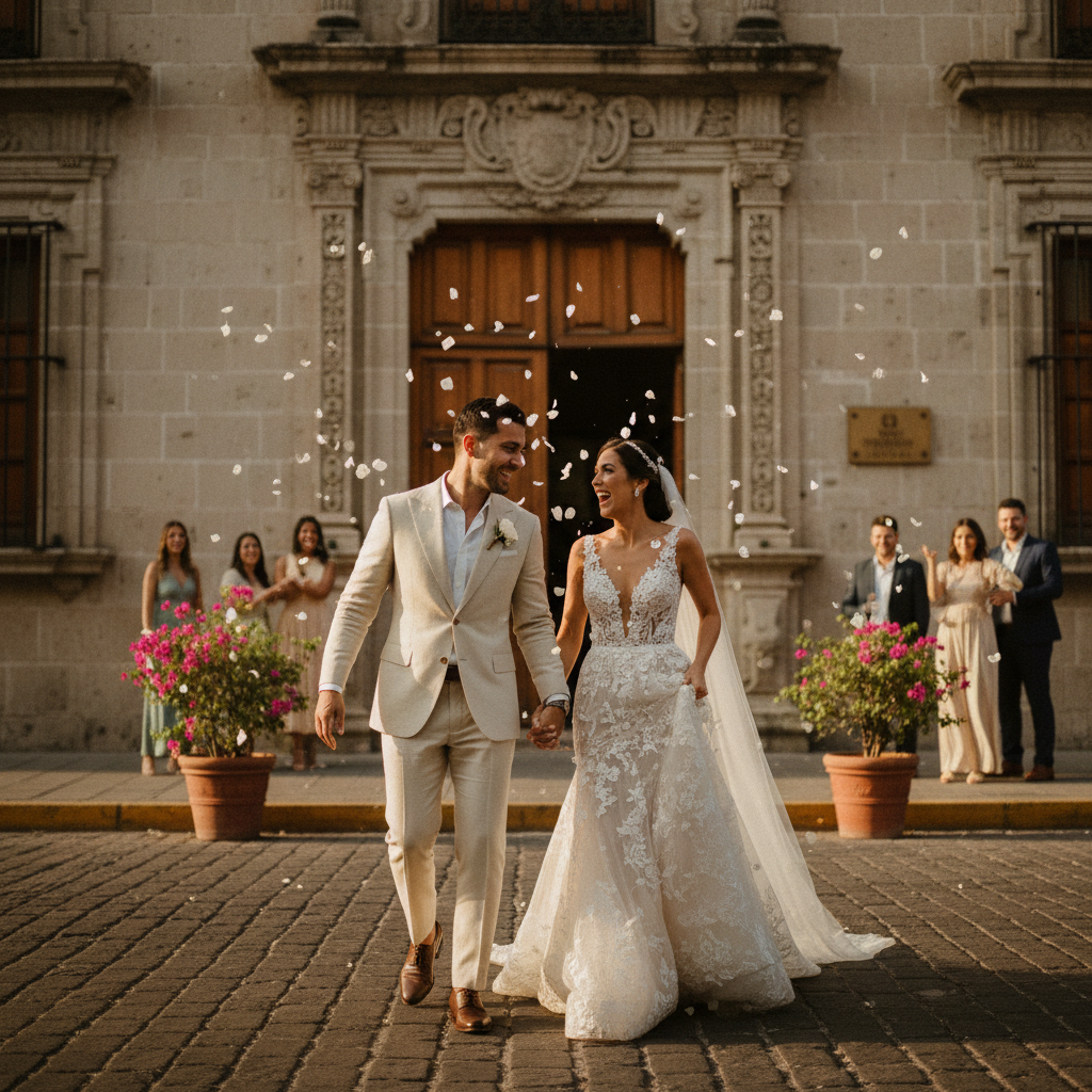 Pareja de recién casados celebrando su unión civil
