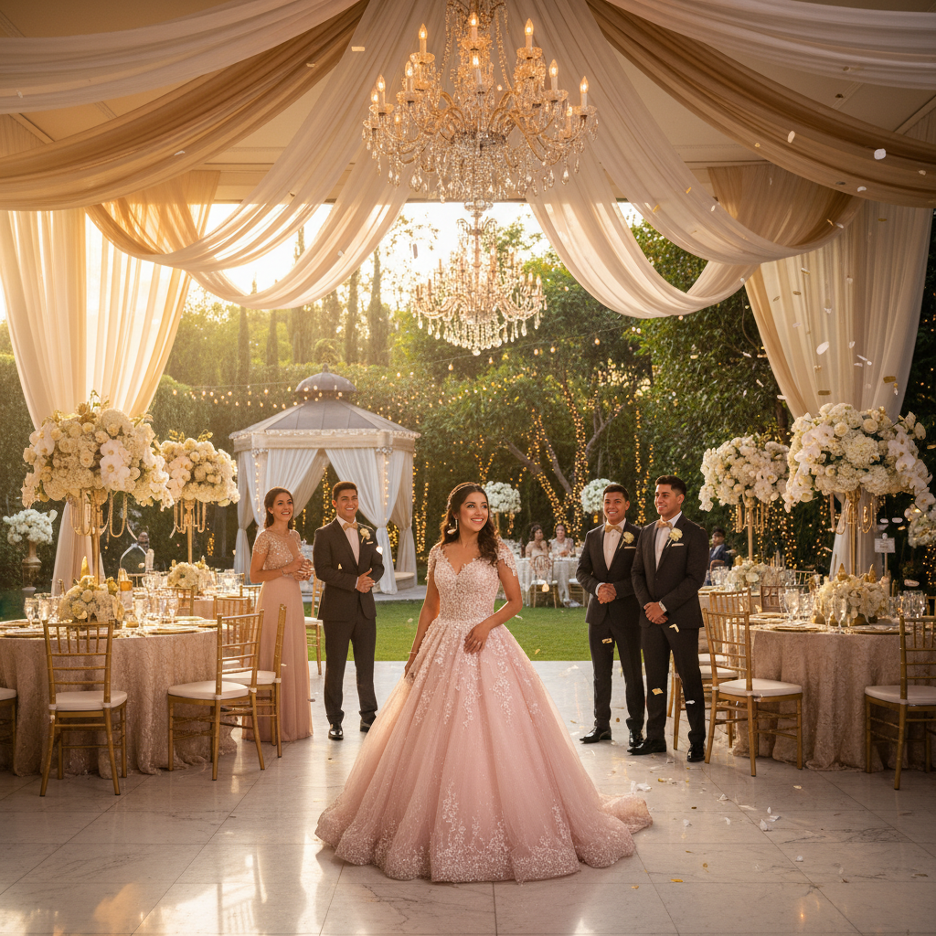 Joven quinceañera mexicana bailando felizmente en un salón de eventos decorado elegantemente con luces y flores, rodeada de invitados celebrando.