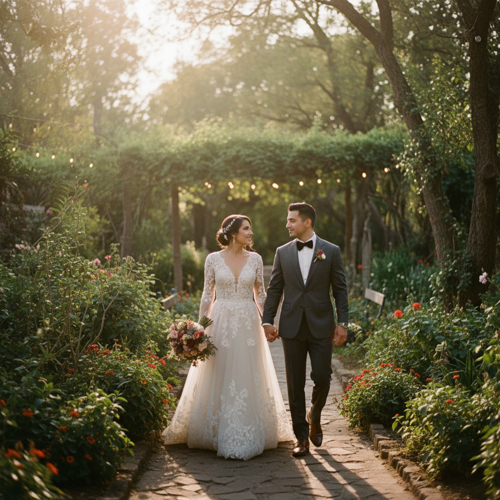 Pareja de novios tomados de la mano caminando por un hermoso jardín iluminado al atardecer, preparándose para su boda en Monterrey.