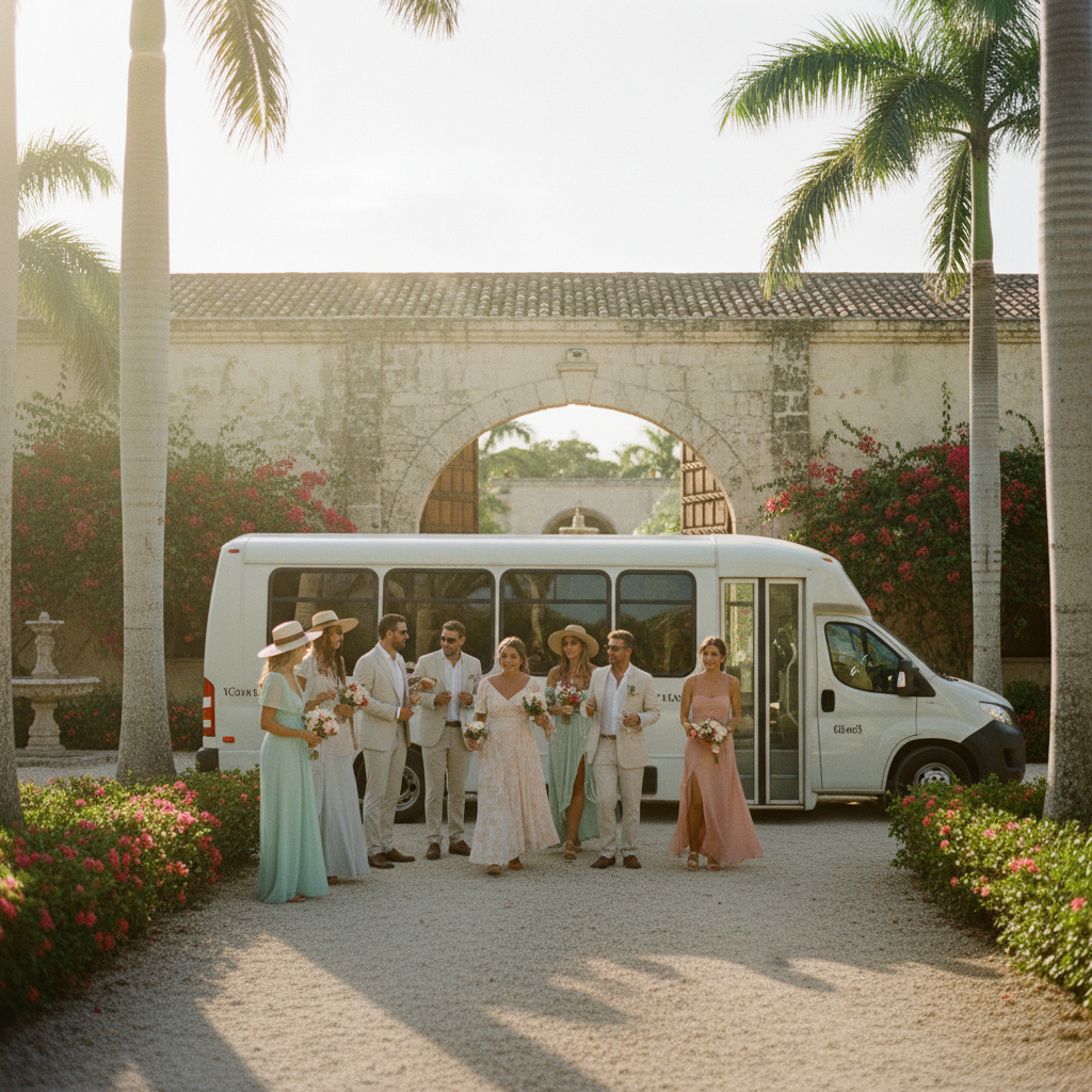 Invitados de boda llegando a una hacienda en Yucatán, México, desde una van de lujo.