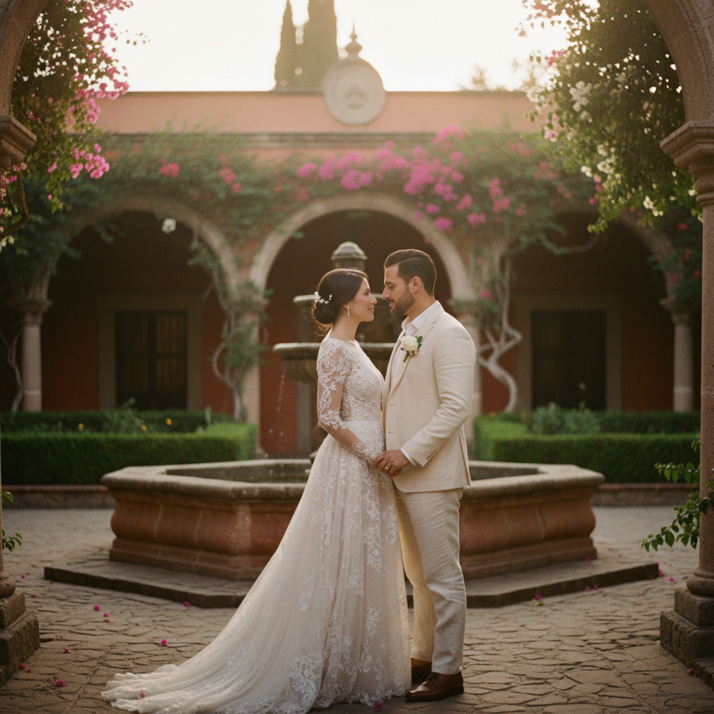 Pareja de novios disfrutando de su boda en un romántico jardín colonial de San Miguel de Allende al atardecer.
