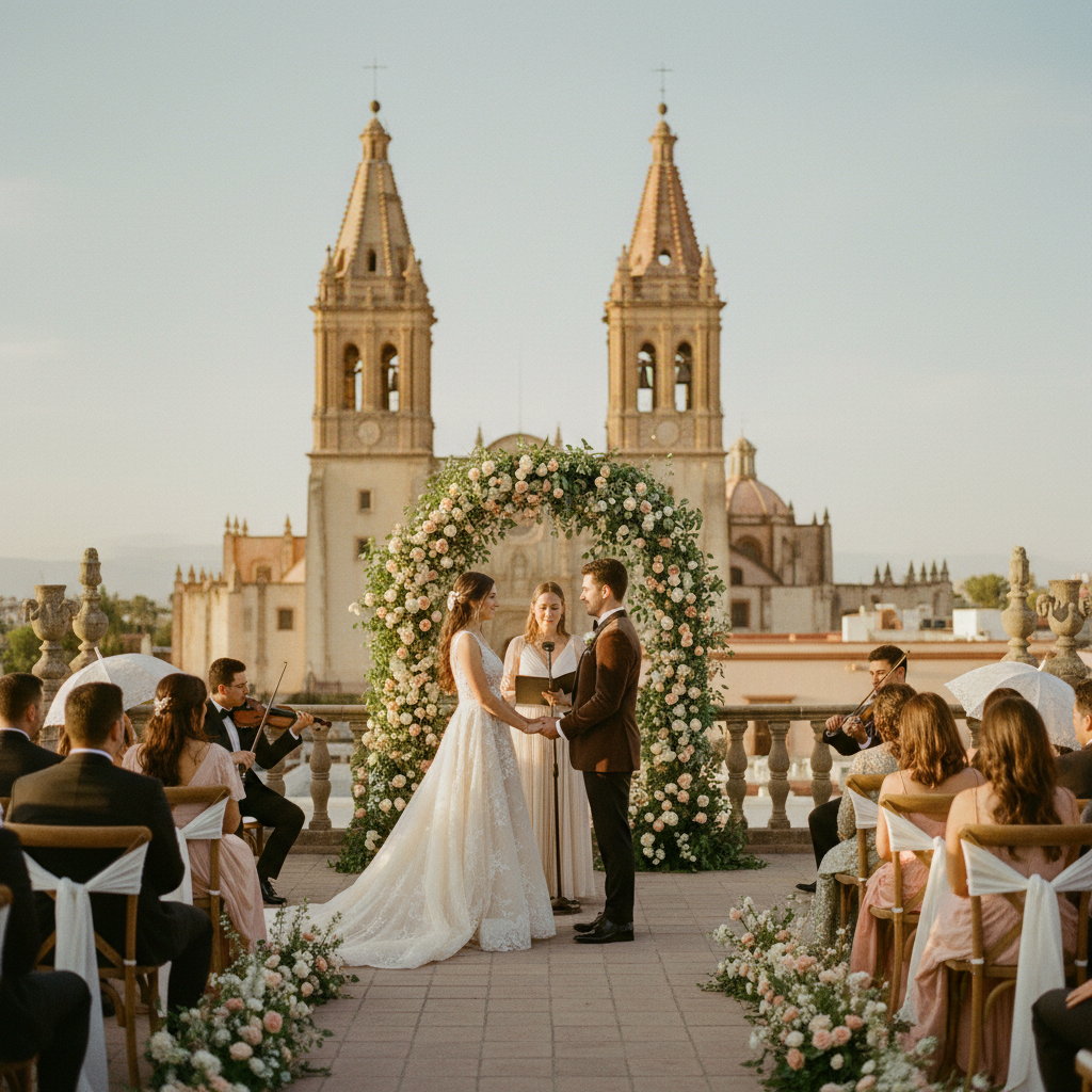 A breathtaking, sun-drenched wedding ceremony on a terrace overlooking the Parroquia de San Miguel Arcángel, with guests seated elegantly. Editorial photography style, warm golden hour light, romantic and sophisticated mood.