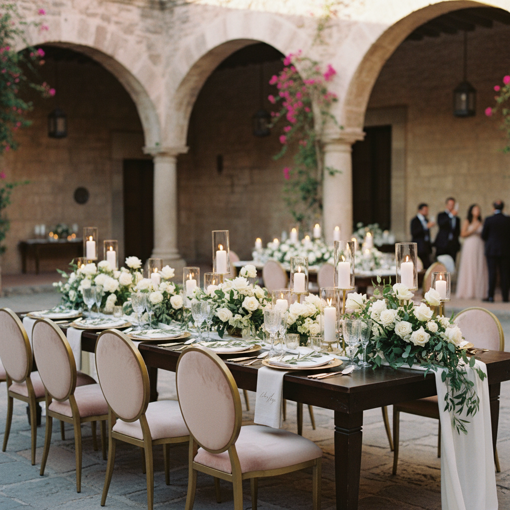 An elegant wedding reception table set inside a historic hacienda courtyard in San Miguel de Allende. Long wooden table with sophisticated floral arrangements, candles, and high-end tableware. The stone arches of the hacienda are visible in the background.