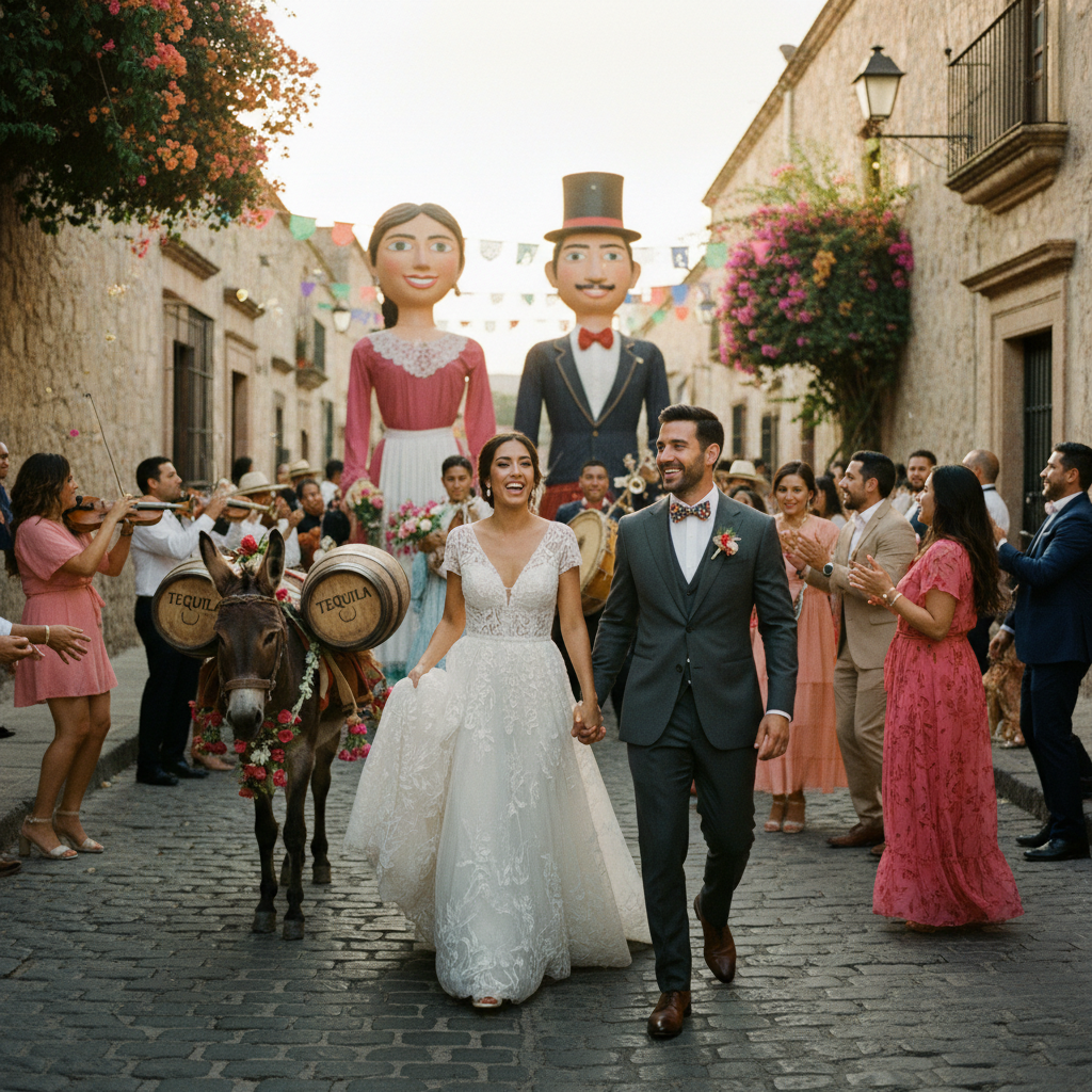 A vibrant, joyful scene of a traditional Callejoneada in San Miguel de Allende. A bride and groom lead the procession, followed by giant "mojigangas" puppets, a donkey carrying tequila, and guests dancing on the cobblestone streets.