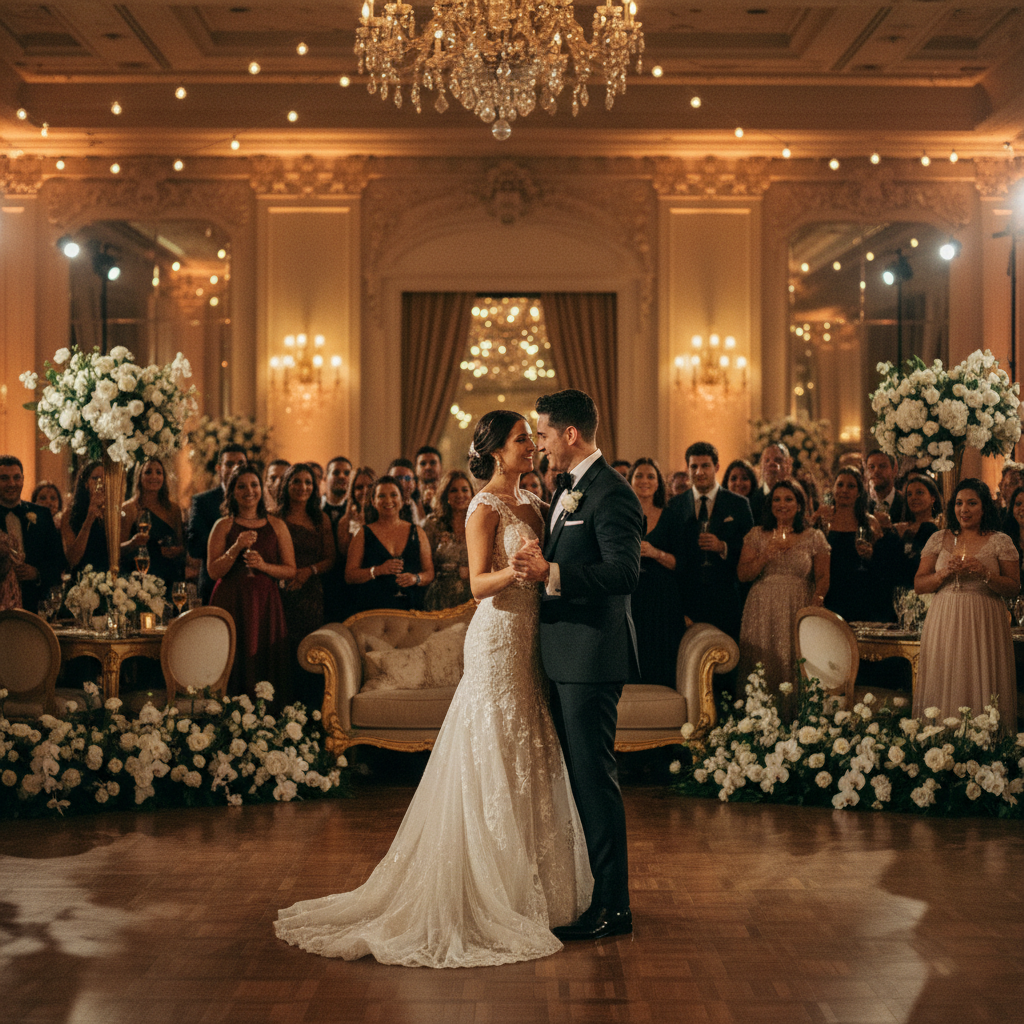 Pareja de recién casados bailando en un elegante salón de boda en CDMX con 150 invitados observando.