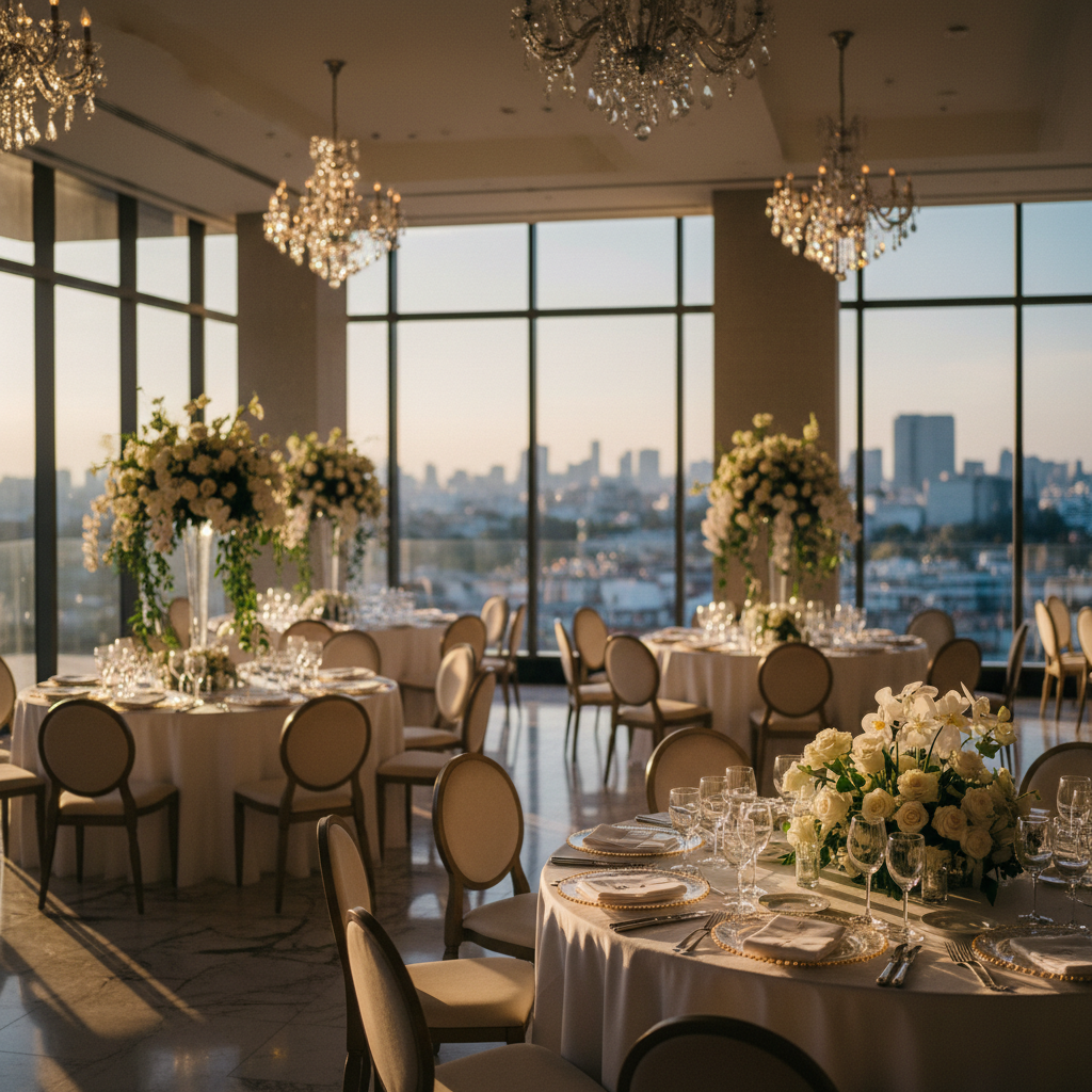 Vista panorámica de un salón de bodas elegante y moderno en un hotel de lujo en Polanco, Ciudad de México, con mesas redondas impecablemente montadas para 150 invitados, candelabros de cristal y grandes ventanales con vistas a la ciudad.