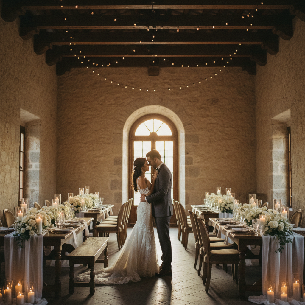 Una pareja de novios se abraza en el centro de un salón histórico en San Ángel, CDMX, con techos altos de vigas de madera y paredes de piedra volcánica, decorado para una boda íntima de 150 personas.