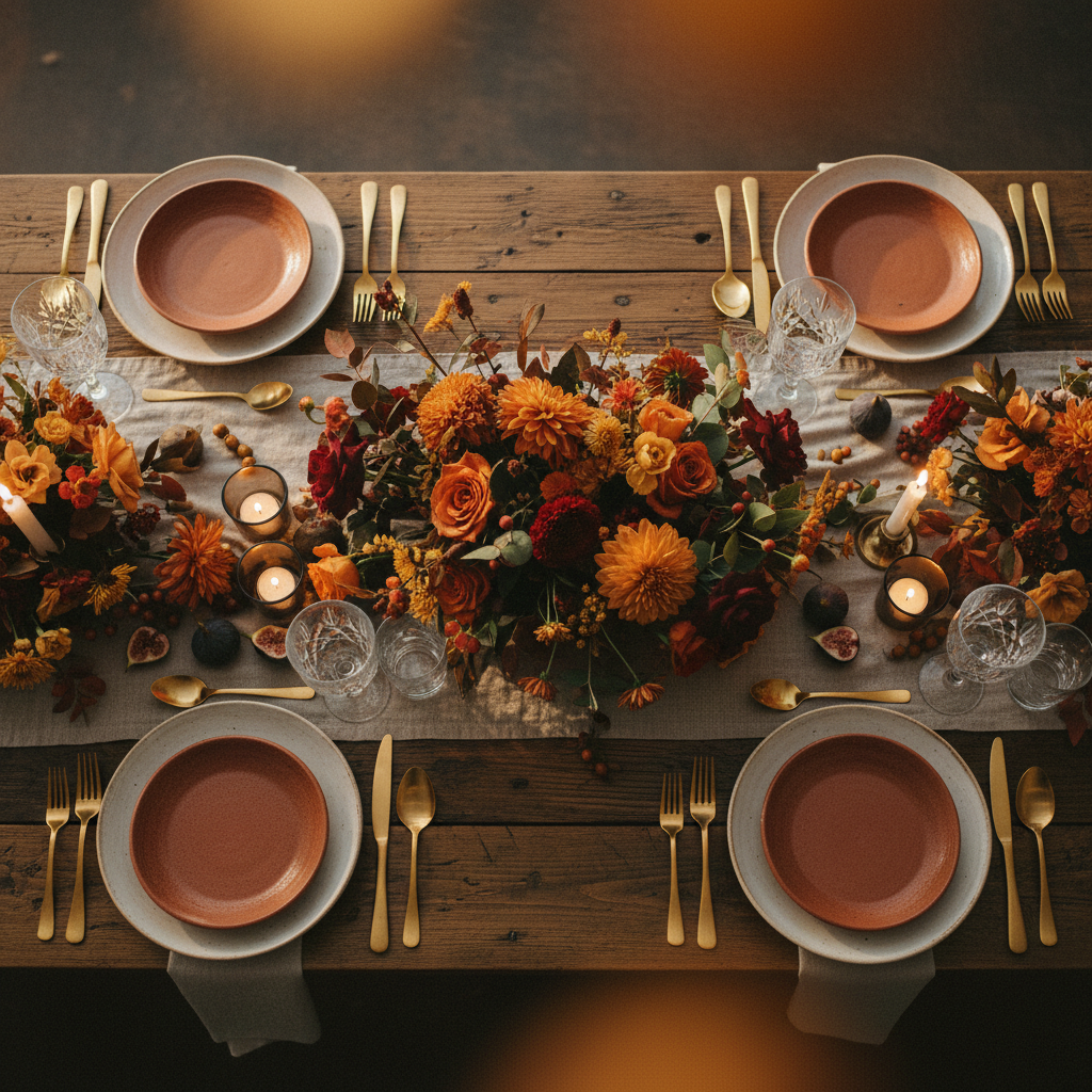 Una mesa de banquete de boda para 10 personas, vista desde arriba (flat lay), con platos de cerámica artesanal, cubertería de oro cepillado, copas de cristal y un camino de mesa de lino con flores otoñales.