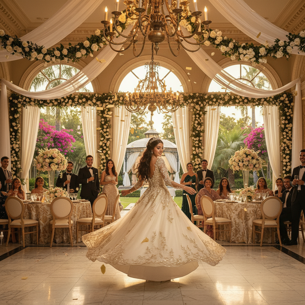 Joven quinceañera mexicana luciendo un hermoso vestido de XV años mientras celebra en un elegante salón en la Ciudad de México con sus invitados.
