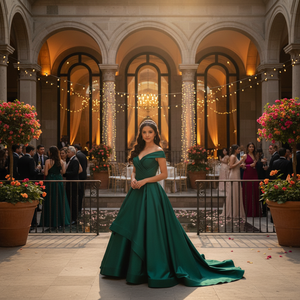 Una quinceañera con un vestido moderno color esmeralda posando en el patio de un salón de eventos elegante en la Ciudad de México, con iluminación cálida y arquitectura contemporánea de fondo.