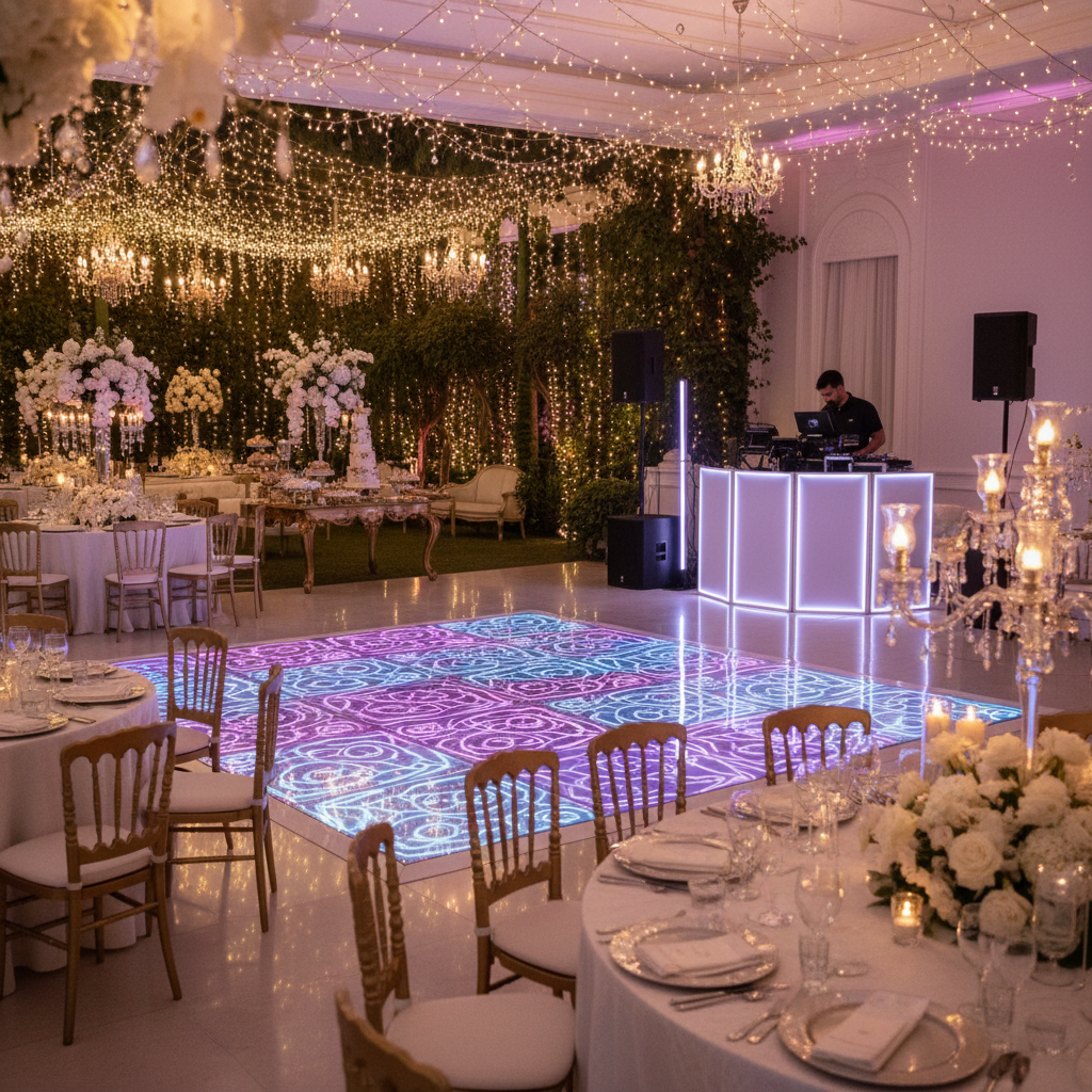 Una pista de baile de acrílico iluminada en un salón de eventos en la CDMX, con un DJ de fondo y luces de neón moradas y azules creando un ambiente de fiesta vibrante.