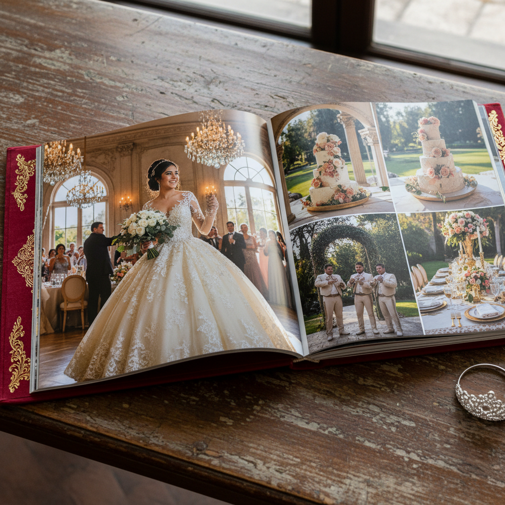 Un photobook de XV años de alta calidad abierto sobre una mesa de madera, mostrando una foto a página completa de la quinceañera sonriendo.