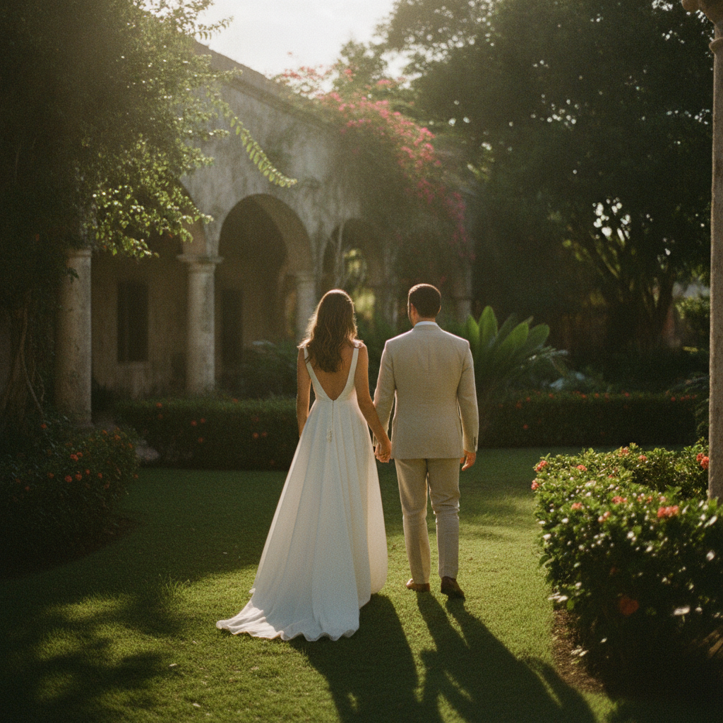 Pareja de recién casados caminando por los jardines de una hacienda en Mérida al atardecer, estilo editorial.