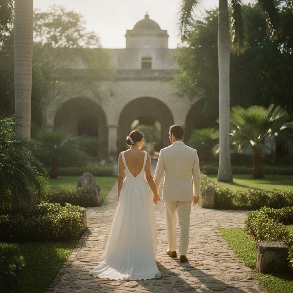 Pareja celebrando su boda en una hacienda en Mérida al atardecer
