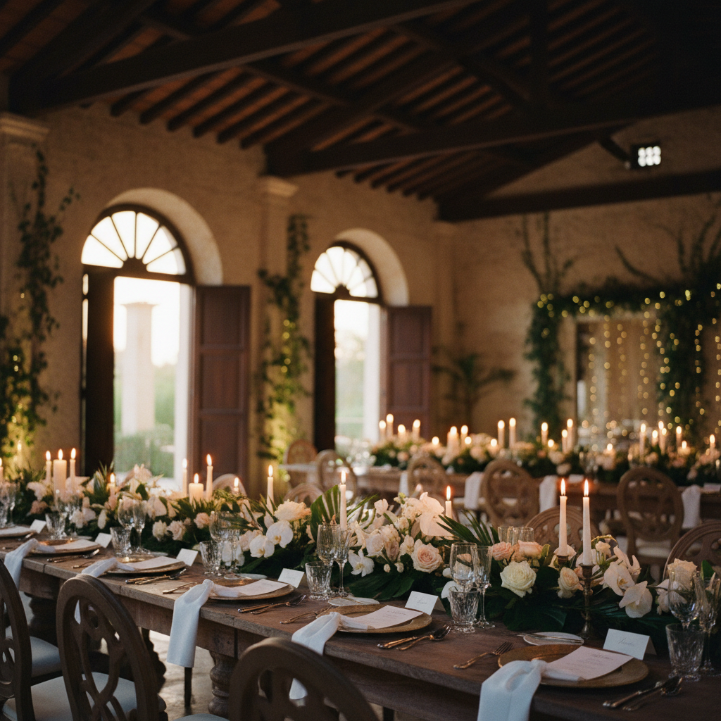 Mesa de banquete decorada para una boda en hacienda en Mérida
