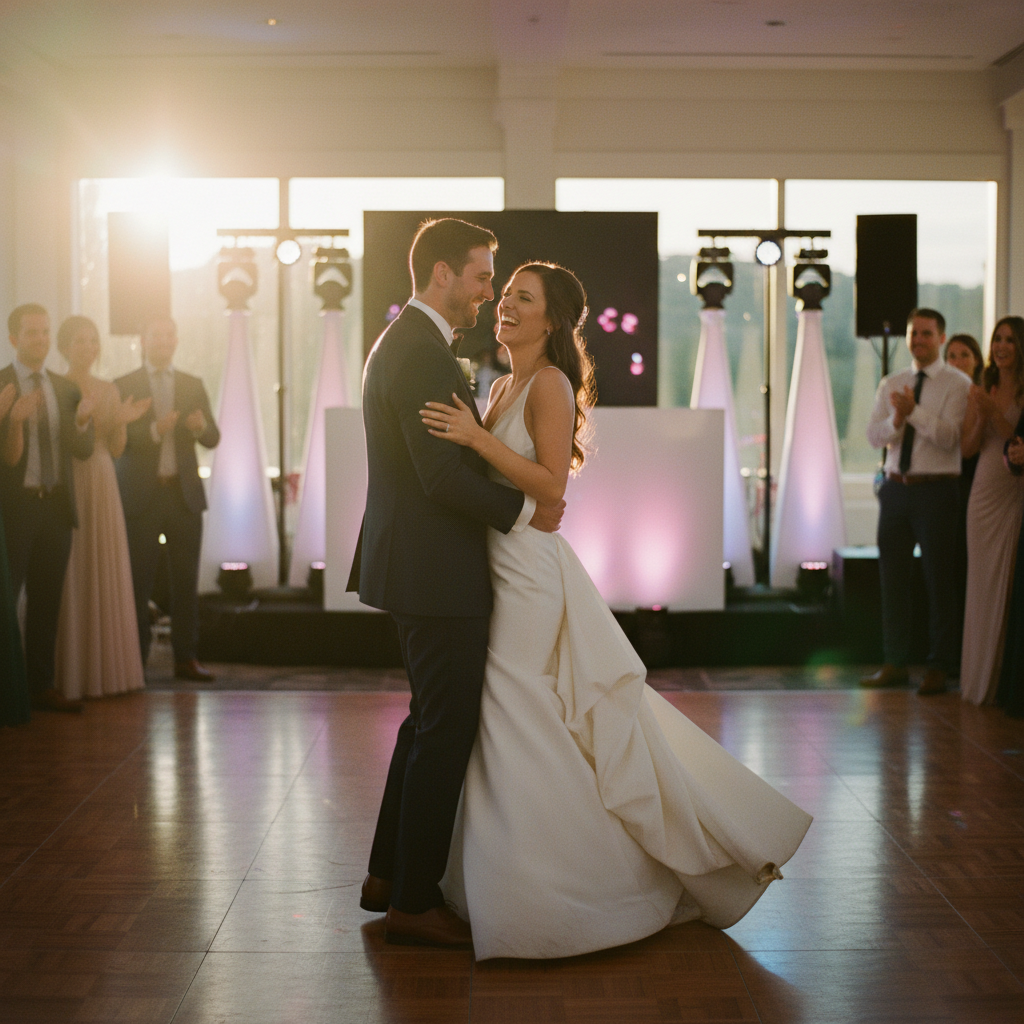 Pareja de recién casados bailando animadamente en la pista de baile, con luces de fiesta de fondo y un DJ sonriente mezclando música en su cabina.