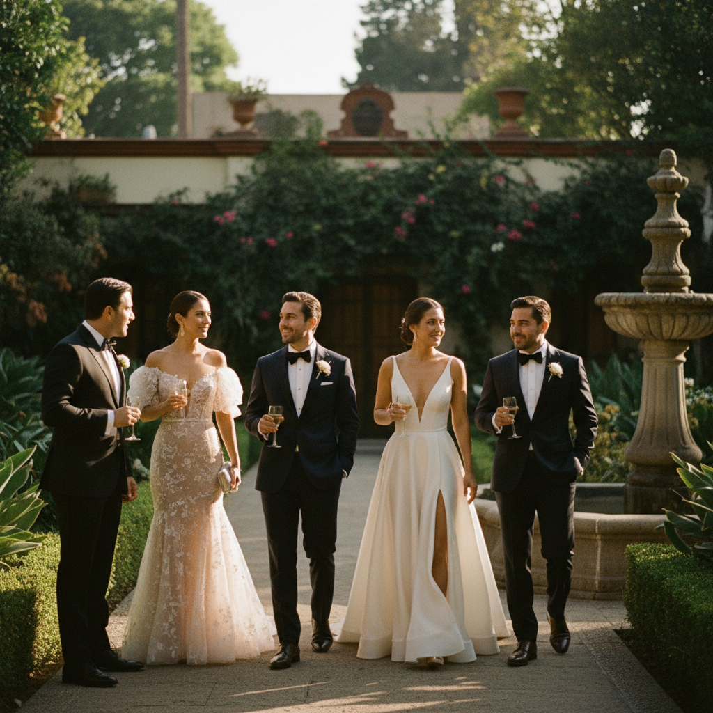 Invitadas elegantes en una boda en jardín en la Ciudad de México, luciendo atuendos apropiados para el clima.