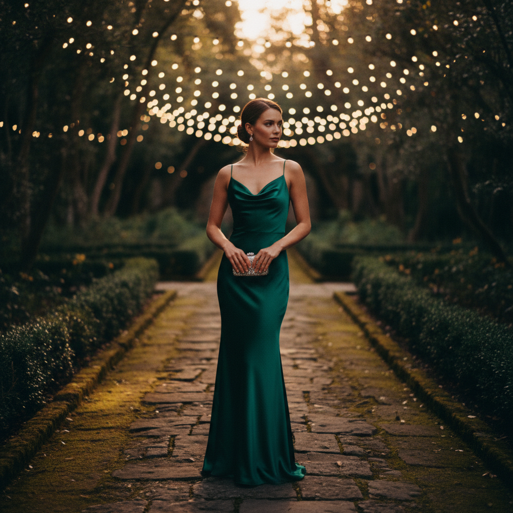 Vestido formal de invitada color esmeralda perfecto para una boda de noche en jardín.