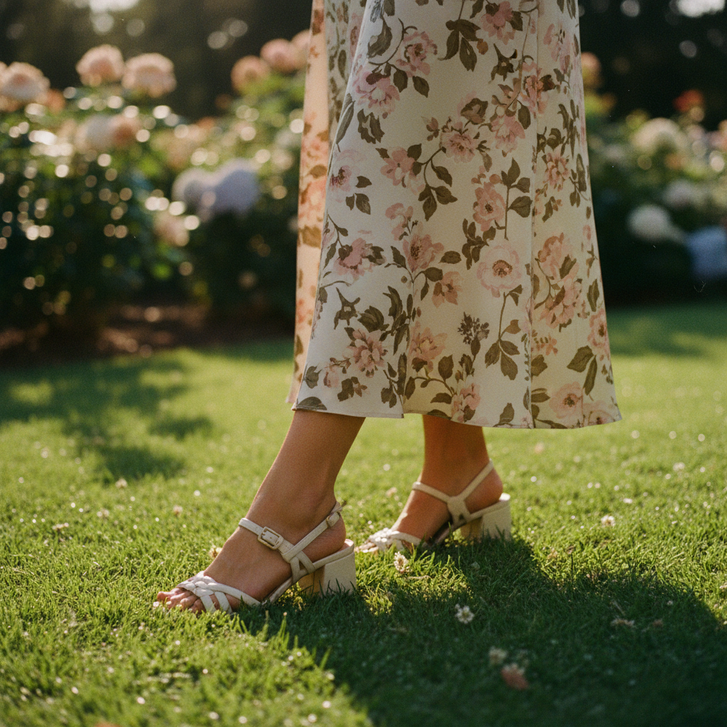 Mujer usando un vestido floral y tacones anchos en un jardín.