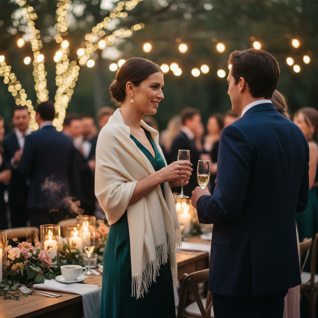Invitada a boda con una pashmina elegante sobre su vestido.
