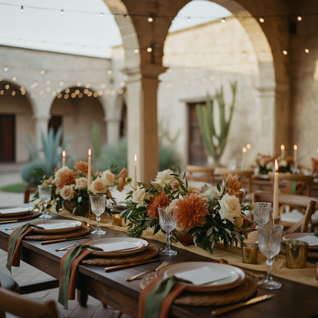 Paleta de color sofisticada con tonos terracota, verdes y dorados en una mesa de boda elegantemente decorada dentro de una hacienda mexicana, con arreglos florales y velas al atardecer.