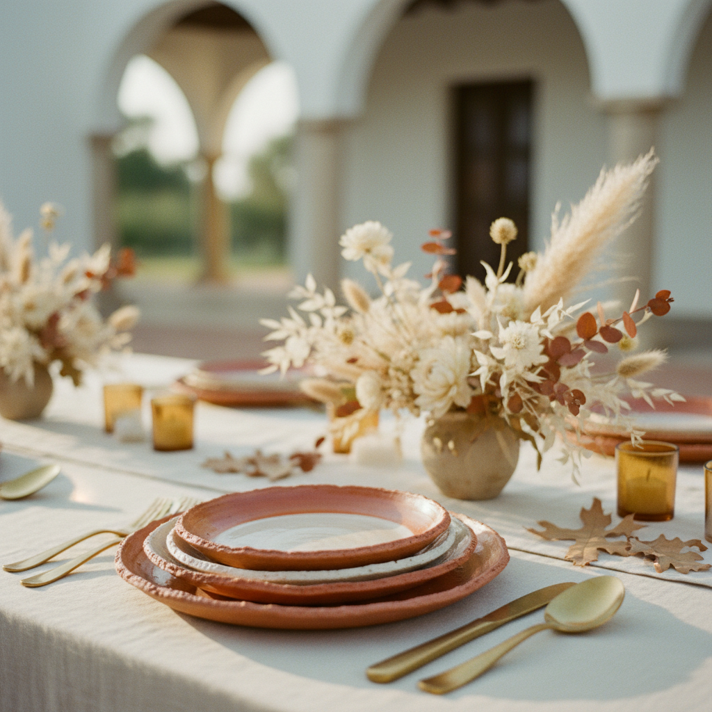 Detalle de un montaje de mesa de boda en una hacienda, con una paleta de colores terrosos. Se ven platos de cerámica, cubiertos dorados y un centro de mesa bajo con flores secas y pampas.