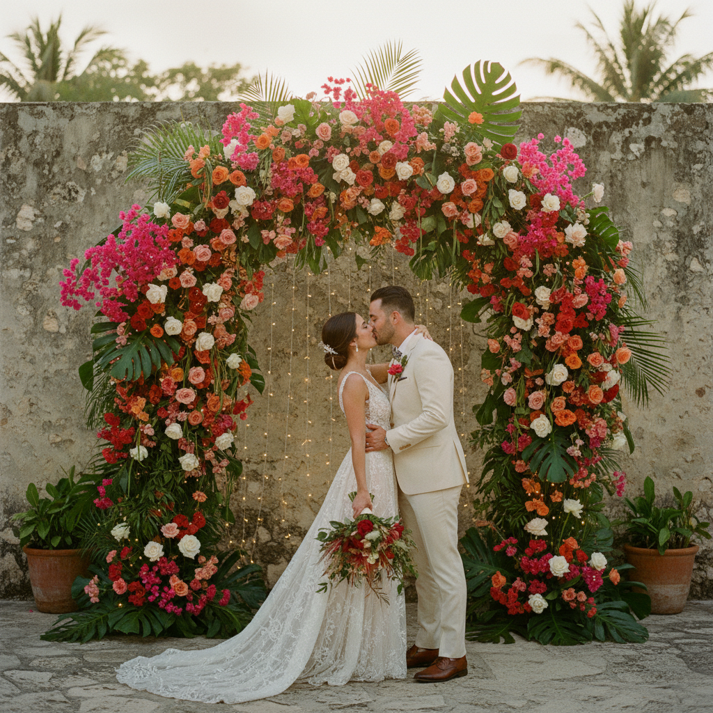 Una pareja de novios se besa bajo un arco floral masivo con buganvilias, rosas y follaje tropical en una hacienda yucateca.