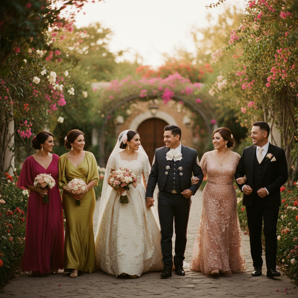 Pareja de novios sonriente con sus padrinos de boda felices y elegantemente vestidos, caminando por un jardín con flores, en una boda mexicana tradicional.