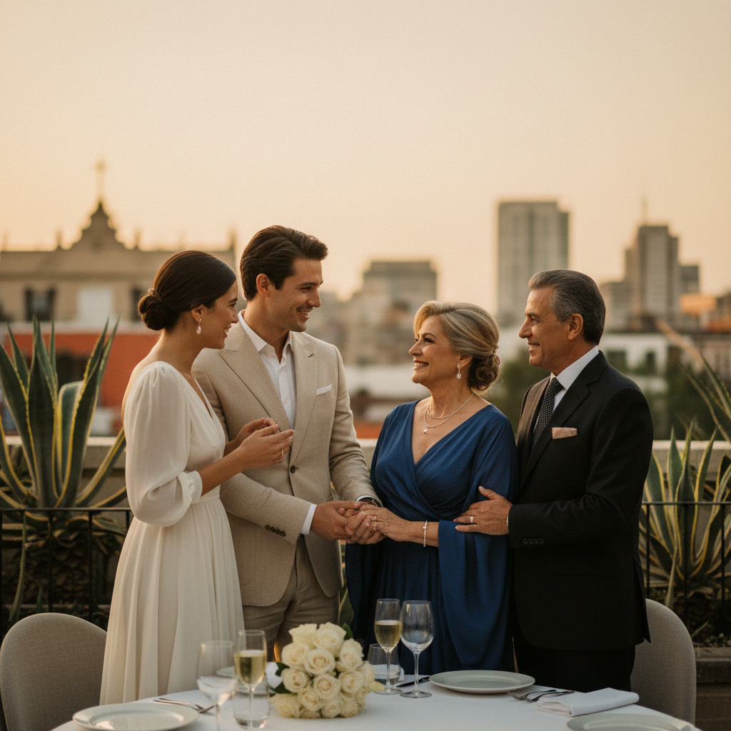 Una pareja joven comparte una copa de vino y conversa animadamente con una pareja mayor en la terraza de un restaurante en la colonia Roma, Ciudad de México.