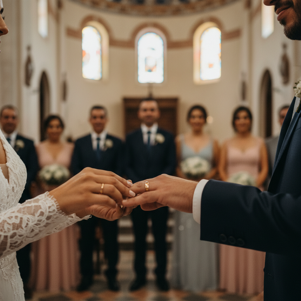 Primer plano de las manos de una pareja intercambiando alianzas de boda de oro durante una ceremonia en una iglesia con arquitectura colonial.