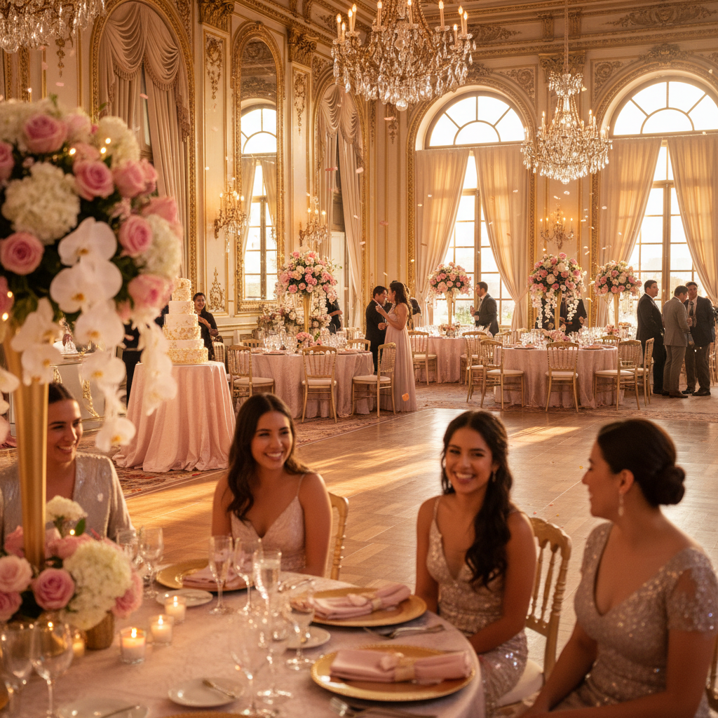 Salón de fiestas elegante decorado para una fiesta de XV años en México 2026